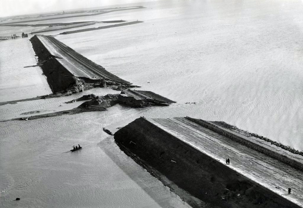 The 1953 North Sea Flood. Aerial view of a dike breach in the Netherlands, exact location unknown, February 1953.